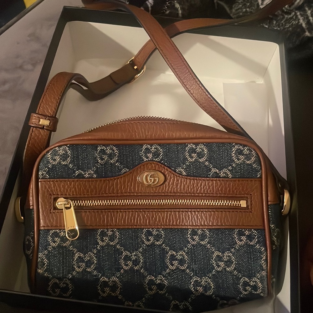 Gucci Denim GG Monogram Mini Ophidia Shoulder Bag Blue Tea Cuir